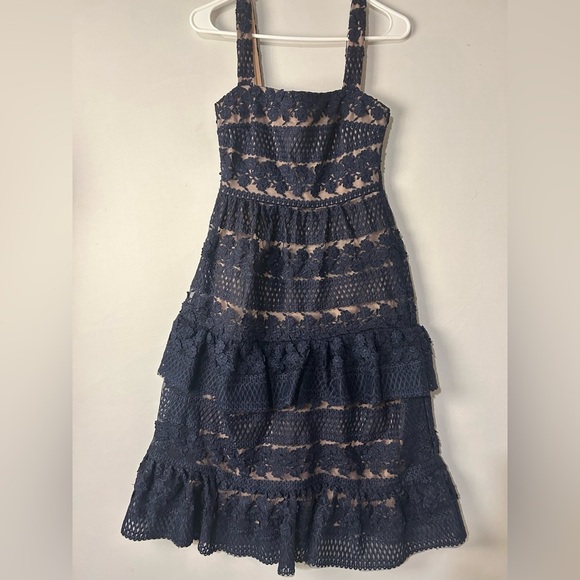 Lulus Women Size X Small Ethereal Navy Blue and Cream Lace Midi Dress Lined - Picture 5 of 14